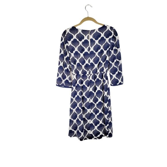 Boden Knee Length Blouson Dress Blue White Spade 3/4 Sleeve Petite Size 4P - Picture 3 of 9